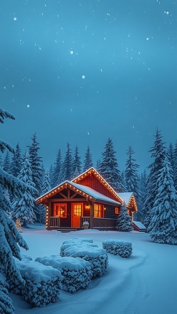 Aesthetic Christmas wallpaper with a cozy cabin in a snowy landscape, decorated with lights, under a twilight sky.